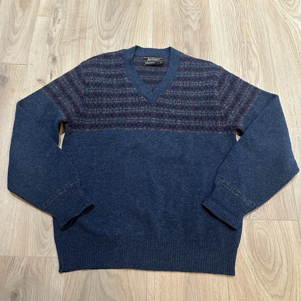 Vintage Jantzen V-neck Pullover Sweater Blue Fair Isle Pattern Men's M Wool EUC